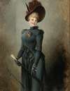 Portrait of a Lady in a Black Dress with a Burgundy Hat and Umbrella