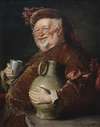 Falstaff at the table with a wine jug and pewter cup
