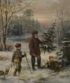Vorweihnacht. Vater und Sohn schlagen im Winterwald einen Christbaum
