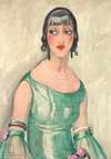 Portrait of a woman in green dress and pearls