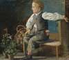 A young boy on a bench with flower pots and a wicker basket