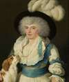 Portrait of a woman in a hat with ostrich feathers and a dog