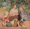 A woman with children under an apple tree