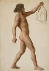 A nude study of a standing young man holding a head