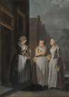 Three women talking at night in a Dutch city, one holding a candle