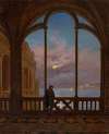 Mondnacht am italienischen Meer mit einem versunkenen Leser am gotischen Fenster