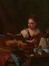A girl playing a mandora, with a lute, a violin, a recorder, books and blue and white porcelain on a table
