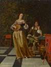 A woman playing the lute and a man listening