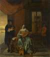 An interior scene with a woman playing a lute and a man playing a violin