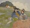 A couple seated in a rural landscape