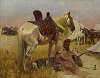 Cavalier arabe et son cheval au camp