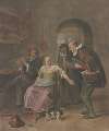 In einem Zimmer spielt ein Mann die Flöte, dabei sitzt eine Frau, die mit einem Mann spricht, der ein Körbchen trägt, hinter beiden eine alte Frau