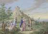 Gesellschaft von Damen und Herren im Freien lagernd, am Fuße eines Hügels mit einem Tempelchen, ein Führer zeigt einem jungen Paar die Landschaft
