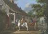 Ein reichgekleideter Kavalier hält mit drei Pferden und einem Diener vor einem Bauernhaus, eine barfüßige junge Frau schenkt ihm ein