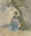 Frau mit Näharbeit unter einem Baum sitzend