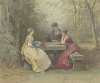 Vorlesung im Park, drei junge Damen in Watteau’schem Kostüm um einen Steintisch sitzend (Laube am Sandhof bei Niederrad)
