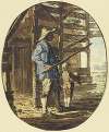 In einem Bretterverschlag steht ein Mann mit einem Stock in abwehrender Haltung, vor ihm ein Knabe, seinen Hut vor den Körper haltend