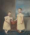 Two Children Wearing Yellow Dresses, the Elder Holding a Rolling Hoop and Stick and the Younger Holding a Whip Top and Whip
