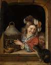 Children with birdcage and cat