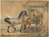 Soldat mit 2 Pferden vor Gehöft