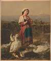 Girl with geese and gosslings with mountains in the background