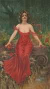 Woman in red dress seated in garden