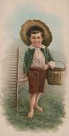 Little boy with straw hat, basket, and rake