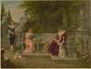 Woman, man, and children at bench in garden