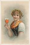 Half-length portrait of woman with a wreath of hops and barley, holding a glass of beer