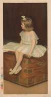 Young girl, wearing a white and blue dress, sitting on a trunk reading a book
