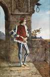 Courtly youth in medieval costume at an arch of the wall with a view of the landscape