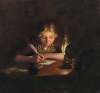 A Girl Writing by Lamp Light