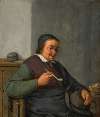 A man holding a pipe, in an interior