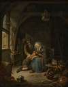 A cottage interior with an old woman (‘Rembrandt’s Mother’) delousing a boy’s hair