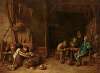 Men drinking and smoking in a barn
