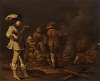 Soldiers and a woman nursing a child around a fire