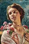 A Young Lady with a Floral Garland Draped Over Her Shoulders and a Pearl Necklace