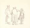 Tre personer i samtale; rygvendt i midten bagermester Købke, t.v. major Krohn og t.h. slavesergent Sprøch
