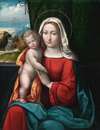Madonna And Child Before A Curtain, A Mountainous Landscape Beyond