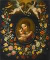 A Garland Of Flowers Encircling An Oval Of The Virgin And Child Born Aloft By Angels