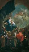 Thronende Madonna mit Kind, von Heiligen verehrt