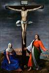 La obra muestra a Jesucristo crucificado junto a la Virgen María y San Juan Evangelista