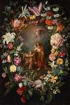 Saint John carrying the Christ Child with God the Father and angels surrounded by a garland of flowers