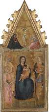 Enthroned Madonna with Child and four saints, above the Crucifixion with Mary and John Ev.