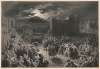 Crucifixion scene in stormy, dark town with crowds and Roman soldiers surrounding two men