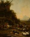 Noah’s family and animals in front of the ark