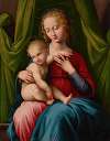The Madonna and Child seated beneath a green draped curtain