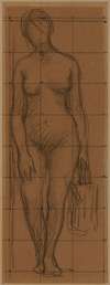 Femme nue de face, tenant un arrosoir dans la main gauche