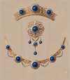 Parure of diadem, brooch and necklace with lapis lazuli and enamel