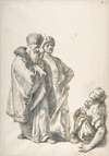 Two Standing Male Figures and Seated Woman with a Child